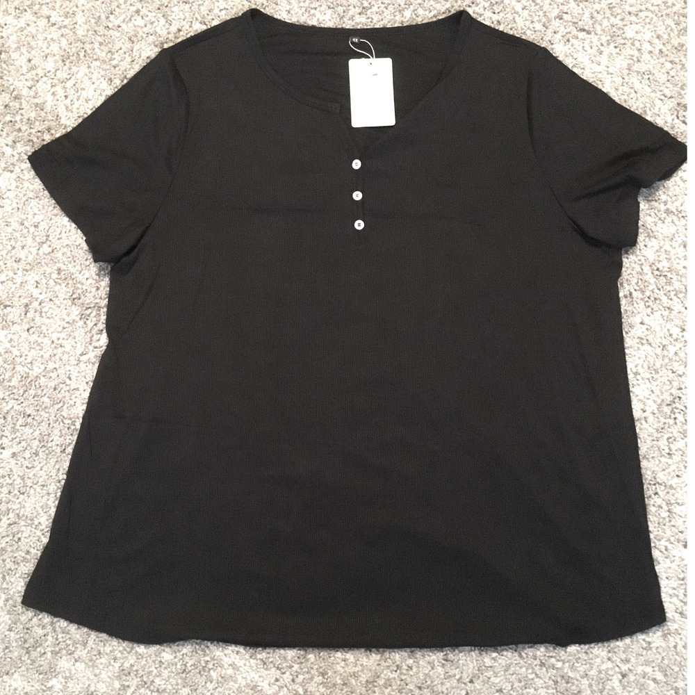 Women's Plus 4X Black Ribbed‎ Knit Short Sleeve Henley Split Neck NWT Top